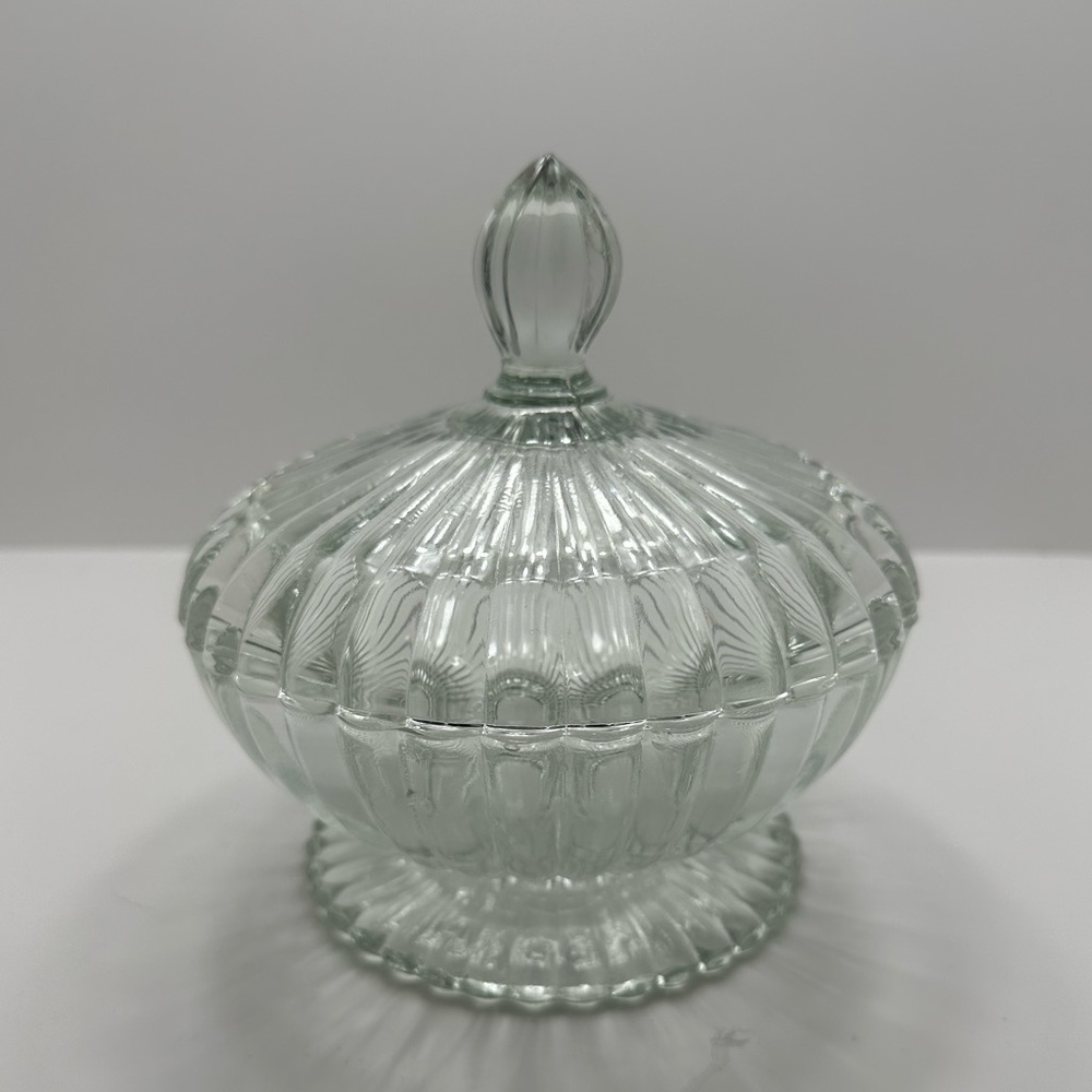 Vintage Jeannette National Clear Ribbed Glass 6-3/4” Candy Jar And Lid